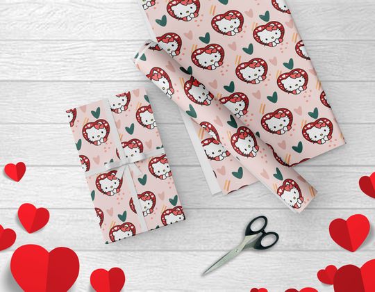Discover Kitty With Heart Valentine Gift Wrapping Paper, Kitty Wrap Paper, Valentines Day Gift