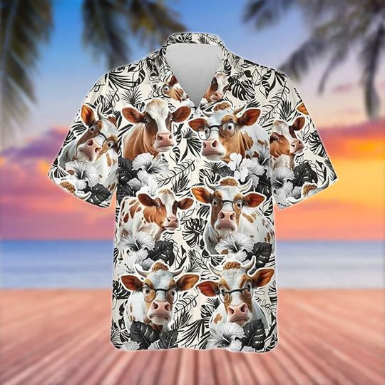 Discover Shorthorn Black White Flowers Pattern 3D Hawaiian Shirt