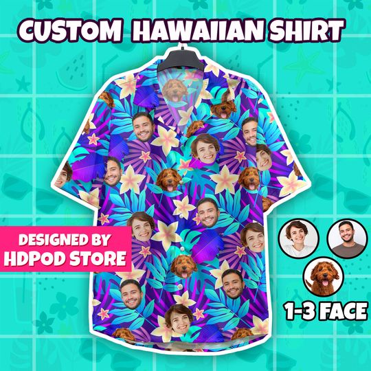 Discover Colorful Neon Funny Hawaiian Custom Face Shirt with Men Women Pet, Beach Bachelor Party Shirt, Summer Personalized Shirts Gifts
