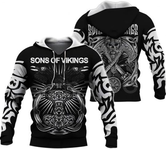 Discover Viking Warriors Skulls Tattoo 3D Hoodies Printed Crow Thor's Hammer Jacket Men/Wome