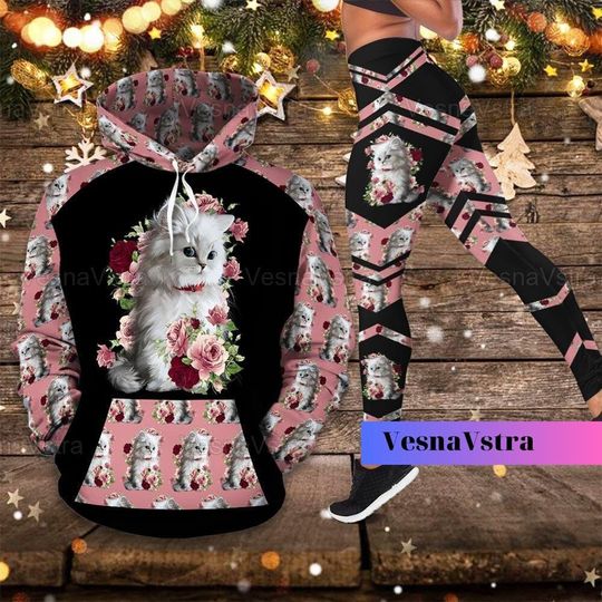 Discover Floral Cat Hoodie Legging Set, Cat Mom