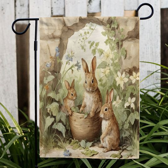 Discover Vintage Bunnies Plants Garden Flag, Rabbit Wildflorals Easter Flag, Happy Easters Day