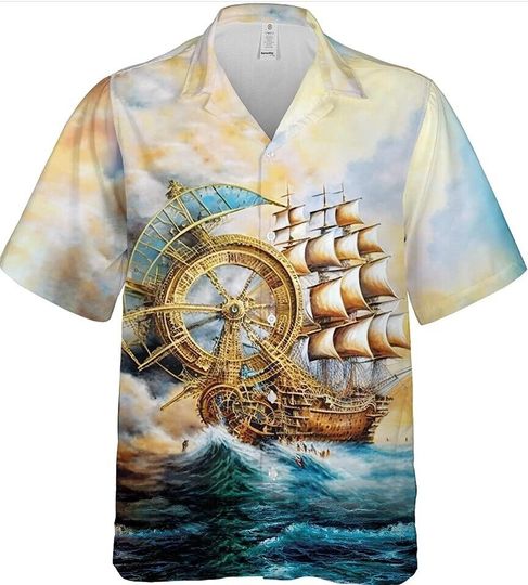 Discover Steampunk Ship Short Sleeve Hawaiian Shirts,Vintage Button Down Summer Aloha Tee