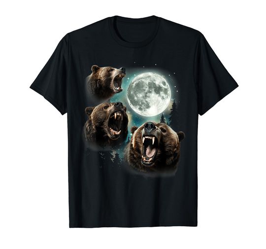 Discover Three Grizzly Bears Howl At Moon Starry Mountain Forest Bear T-Shirt