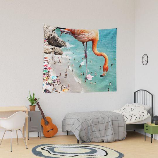 Discover Flamingos on the Beach, Wildlife Surrealism Birds Tapestry