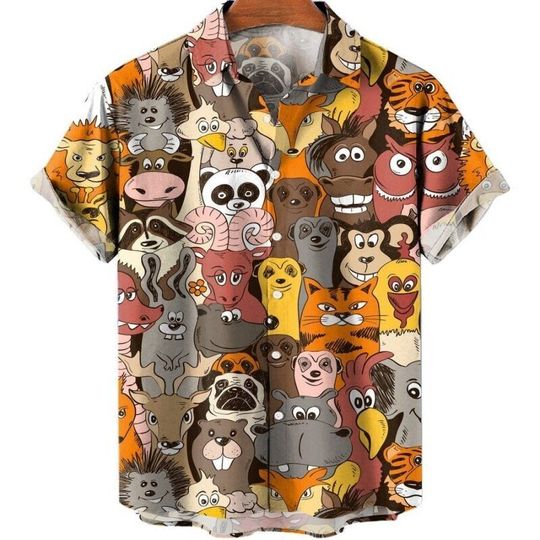 Discover Unisex Cute Animal Cartoon Colorful Pattern Print Men's Button Up Hawaiian Shirt