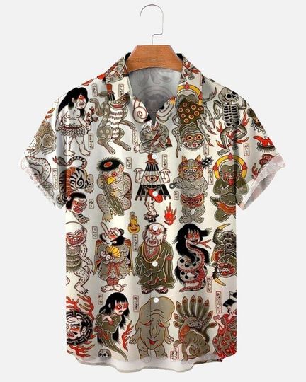 Discover Japanese Folk Art Demon Ghost Oni Print Unisex Button Hawaiian Beach Shirt