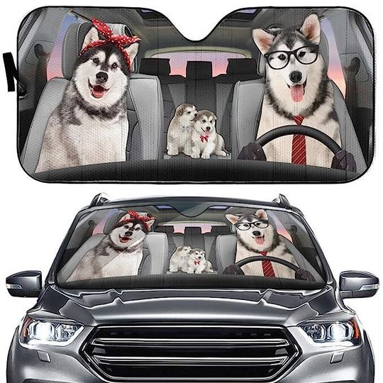 Discover Husky Dog Family Driving Go On A Trip Car Windshield Sun Shade