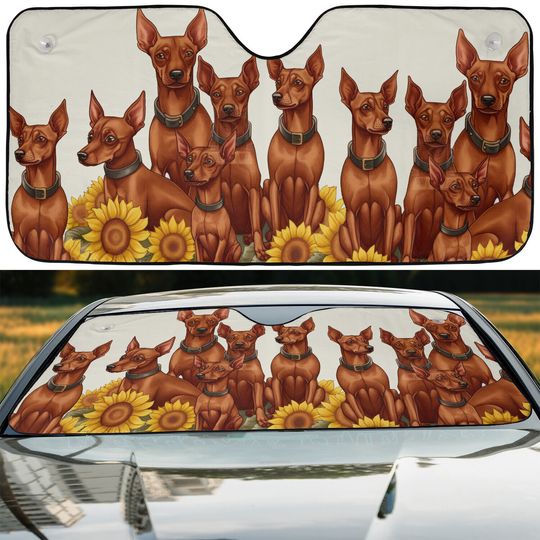 Discover Red Miniature Pinscher Happy Team Dogs Sunflowers Car Windshield Sun Shade