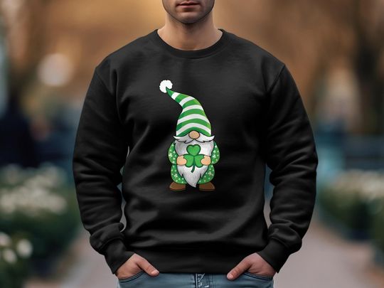 Discover St. Patrick's Day Gnome Sweatshirt, Green White Stripe Hat, Lucky Clover, Unisex Pullover, Casual Graphic Sweater, Holiday Apparel