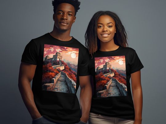 Discover Great Wall of China T-Shirt, Autumn Scenery, Sunset Landscape Tee