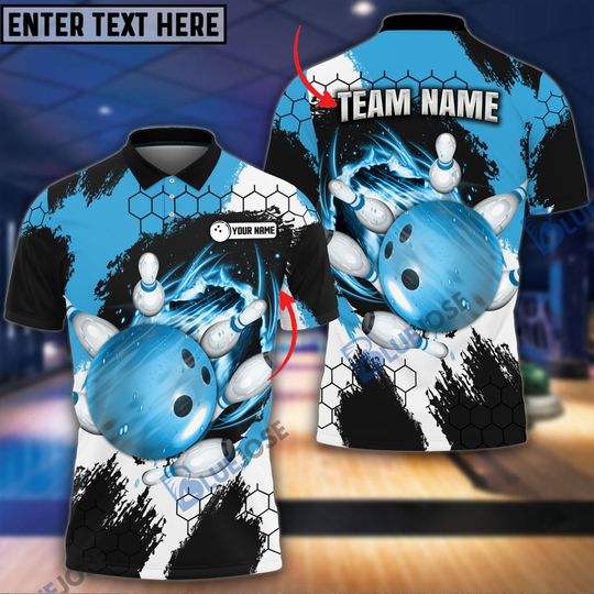 Discover Bowling and Pins Blue Break Personalized Name Team Name Polo Shirt
