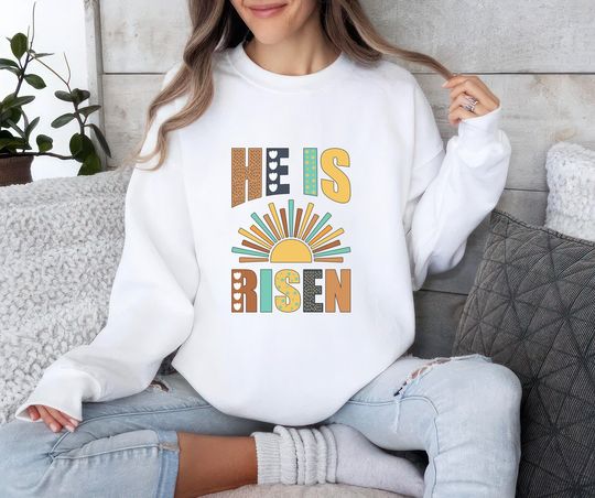 Discover He Is Risen Sweatshirt, Vintage Easter Unisex Sweatshirt, Easter Sweatshirt