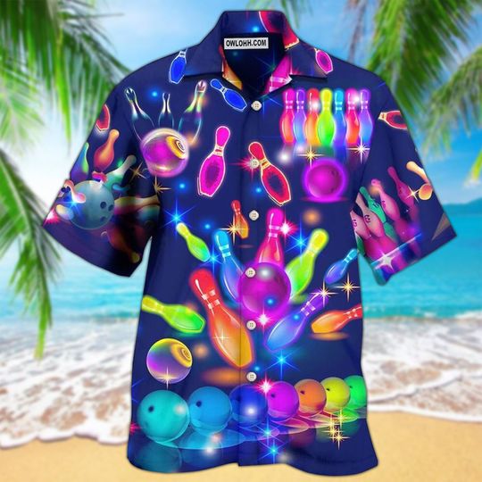 Discover Bowling Neon Style Hawaii Beach Shirt, Bowling Button Up Shirt Holiday