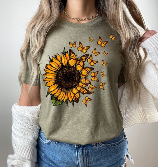 Discover Sunflower Butterfly Shirts, Sunflower Shirt, Butterfly Tee, Mothers Day Gift Shirt, Flowers Gift T-shirt, Botanical Shirt