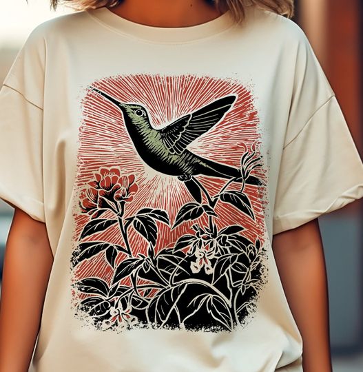 Discover Block Print Humming Bird Shirt, Bird Botanical Shirt