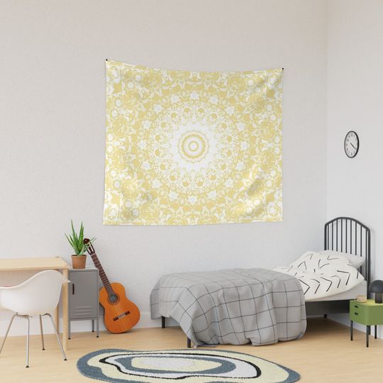 Discover White Lace Mandala on Sunshine Yellow Background Tapestry