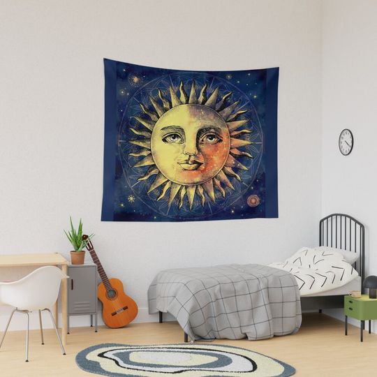 Discover Celestial Antique Sun And Sky Watercolor Batik Tapestry