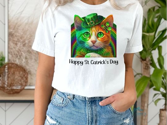 Discover Cute Orange and Green Cat with Green Hat and Irish Brooch Shirt