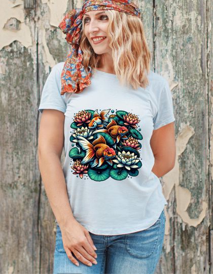 Discover Goldfish and Water Lillies T-Shirt Cool Goldfish T-Shirt For Fish Lover