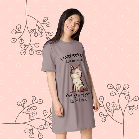 Discover T-shirt dress comfy oversize midi funny lose fit Tee sarcastic cat design pajama casual stylish dress