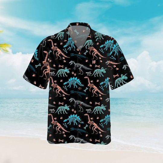 Discover Dinosaur Skeleton Seamless Grunge Pattern Trendy Hawaiian Shirt,