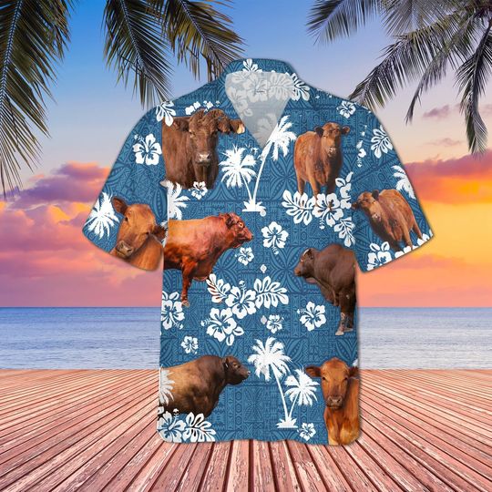 Discover Red Angus Cattle Blue Tribal All Over Printed 3D Hawaiian Shirt