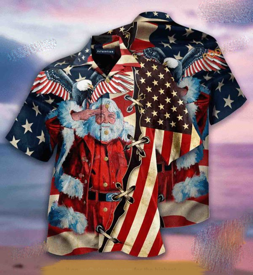 Discover America Flag Santa Clause Hawaiian Shirt, Patriotic America Yuletide Aloha Shirt