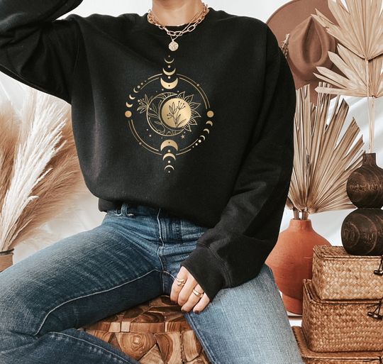 Discover Women's Golden Sun Moon Flowers Sweatshirt, Mystical Sweatshirt, Celestial Sweatshirt