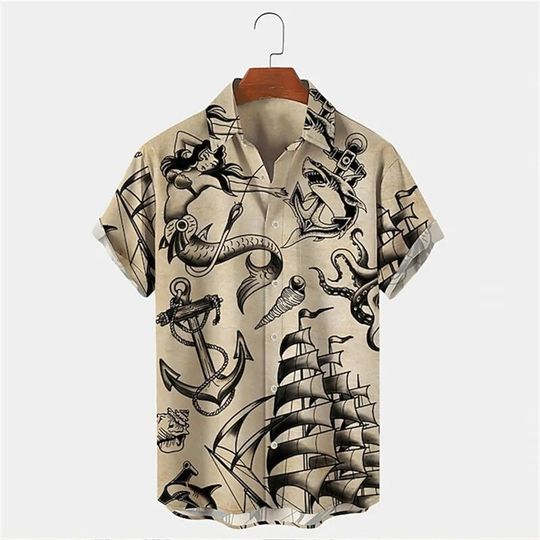 Discover Men's Vintage Mermaid Print Shirts Boat Anchor Hawaiian Shirt