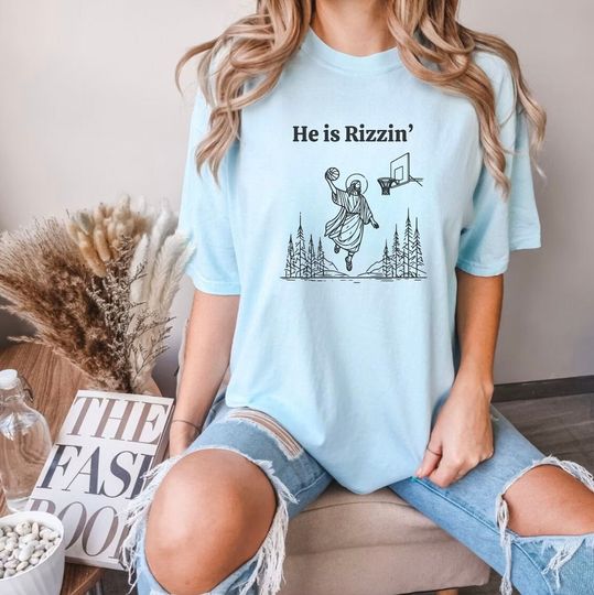 Discover He is Risen Funny Easter Shirt, Rizzin Jesus Playing Basketball Shirt