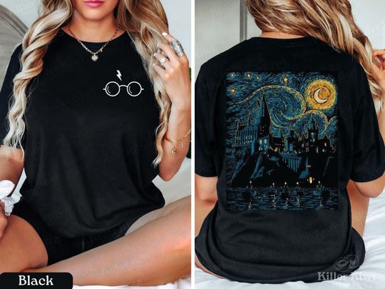 Discover HP Starry Night Van Gogh Wizard School Family Vacation Double Sided T-Shirt