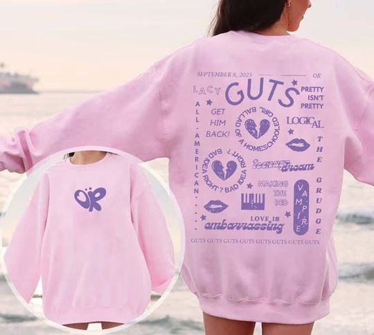 Discover Olivia Rodrigo Guts Double Sided Sweatshirt, Olivia Guts Tour Track List Aesthetic