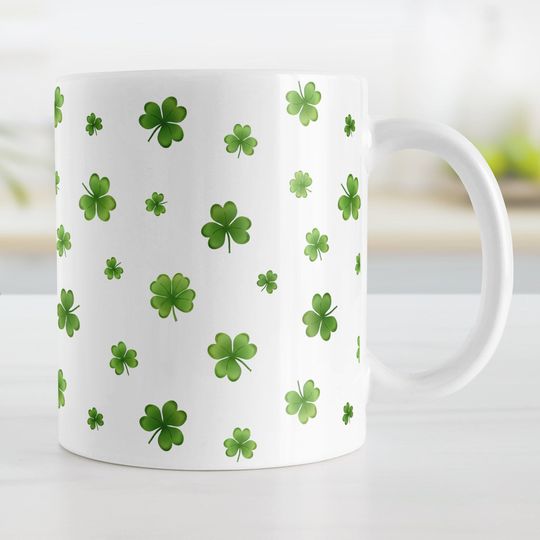 Discover Shamrocks and Clovers Mug, dainty minimalist green pattern