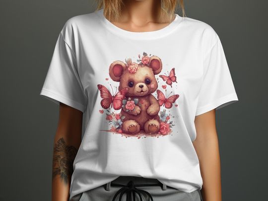 Discover Floral Teddy Bear T-Shirt, Cute Bear with Butterflies Tee