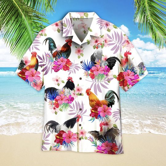 Discover Chicken Hibiscus Rooster Pink Aloha Hawaiian Shirts