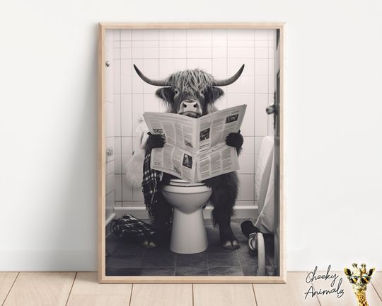 Discover Highland Cow Sitting on the Toilet Reading a Newspaper