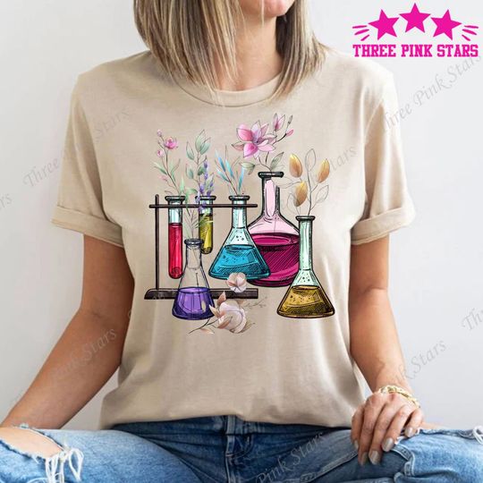 Discover Floral Beakers Chemistry Lab Scientist Shirt, Biology Teacher T-Shirt