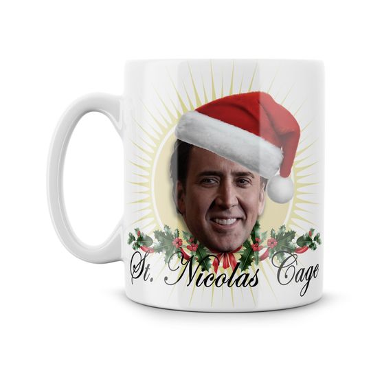 Discover St. Nicolas Cage, Christmas Mug, Nic Cage Nicholas Festive