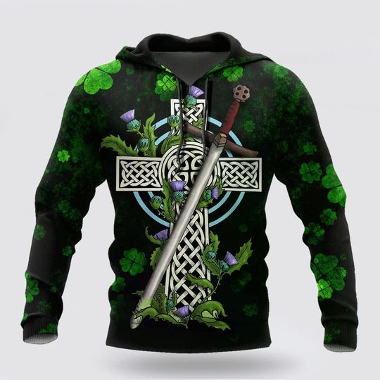 Discover Celtic Cross And Shamrocks Pattern Happy St Patrick Day 3D All Over Print Hoodie