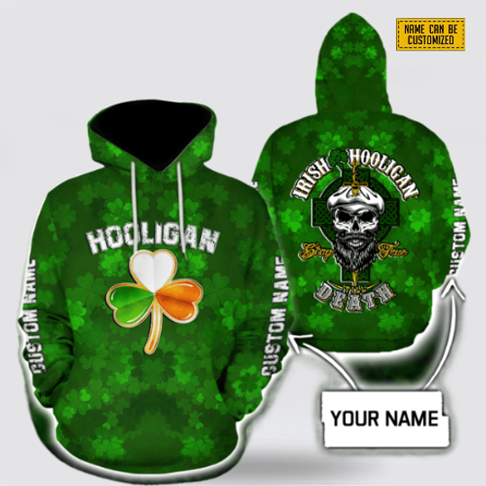 Discover Custom Name Irish Flag And Skull Pattern Happy St. Patrick Day 3D Hoodie