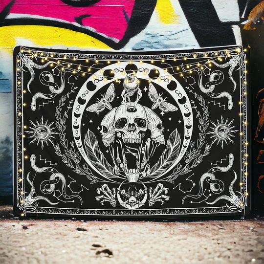 Discover Wiccan Tapestry Witchcraft Altar Cloth Skull Black And White Moth Skeleton Tapestry