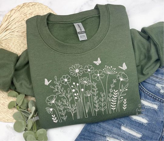 Discover Wildflowers Embroidered Sweatshirt Wildflowers with Butterflies Sweatshirt