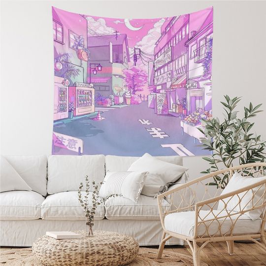 Discover Pink Moonlight Night Pastel Japanese Tapestry