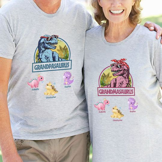 Discover Grandpasaurus & Grandmasaurus - Personalized Matching Couple T-Shirt - Gift For Couple, Husband Wife, Grandparents