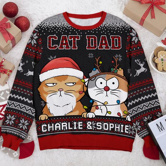 Discover Best Cat Dad Ever Xmas Father Gift Personalized Custom Unisex Wool Ugly Christmas Sweatshirt