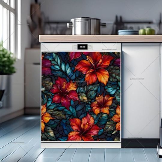 Discover Kitchen Dishwasher Cover - Beautiful Stained Glass Hibiscus Flowers Dish Washer Covers