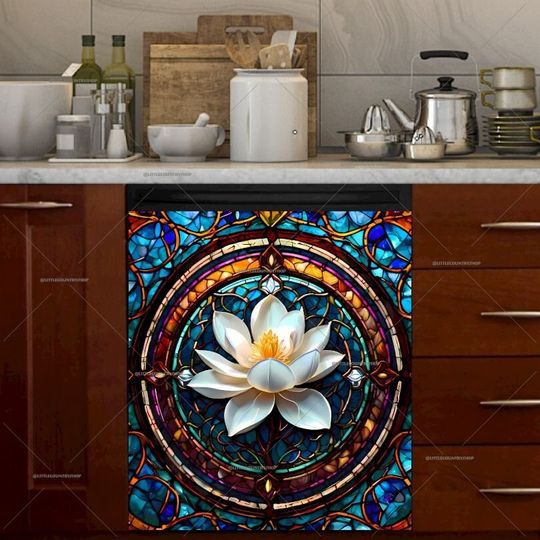 Discover Kitchen Dishwasher Cover - Beautiful Stained Glass Magnolia Flower Dish Washer Covers