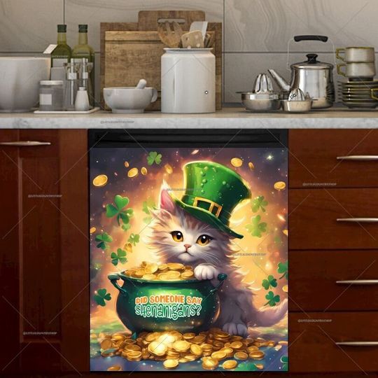 Discover Kitchen Dishwasher Cover - St. Patrick's Day Cute Kitten Dishwasher Cover