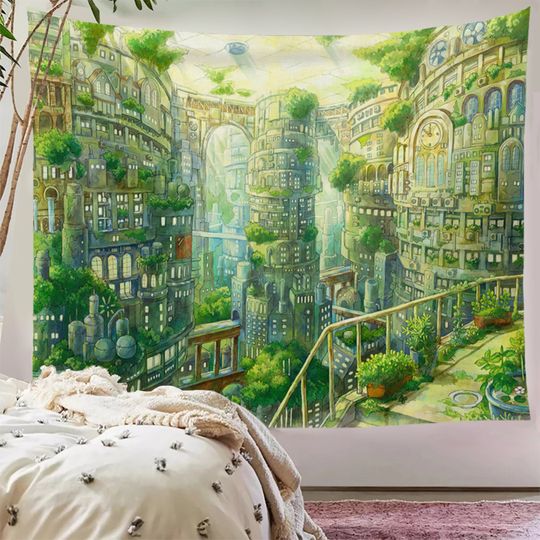 Discover Green City Anime Dreamy Wall Hanging Tapestry